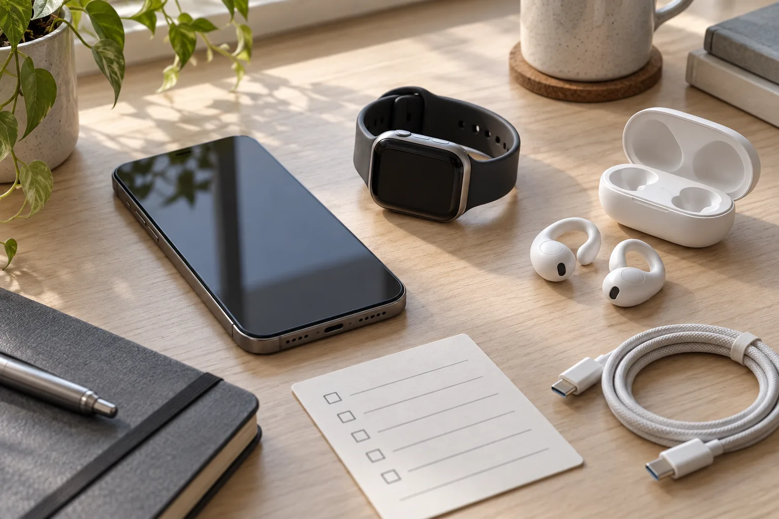 Uniwersalny smartfon, smartwatch i otwarte słuchawki douszne obok karty z listą kontrolną na biurku