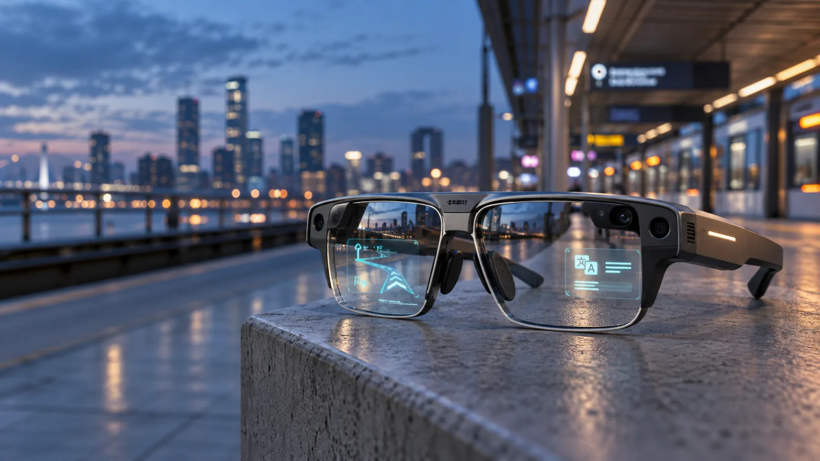Chunky standalone augmented-reality glasses on a ledge with a subtle navigation display at blue hour