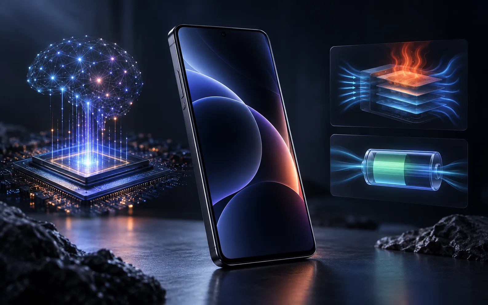 Premium-Smartphone als Illustration für KI-Verarbeitung auf dem Gerät sowie das Zusammenspiel von Leistung, Wärme und Akkulaufzeit neuer mobiler Spitzenchips
