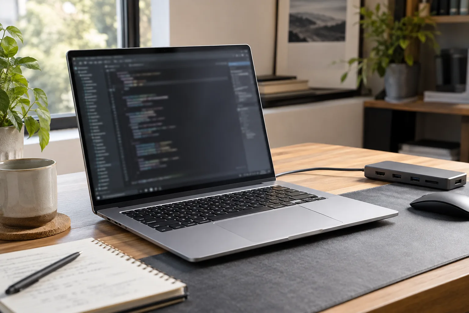 A thin laptop showing a blurred development workspace on a desk beside a USB-C dock