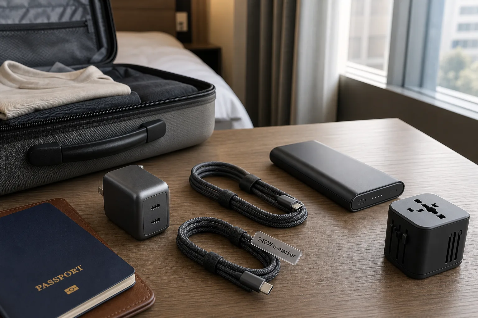 Kit de carga USB-C de viaje con cargador GaN, cables, batería externa y adaptador de enchufe sobre una mesa de hotel