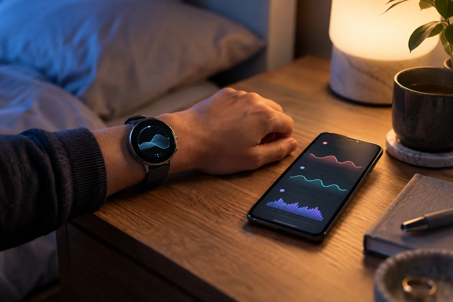Круглые умные часы и смартфон с абстрактными долгосрочными сигналами о самочувствии в мягко освещённой редакционной сцене о технологиях.