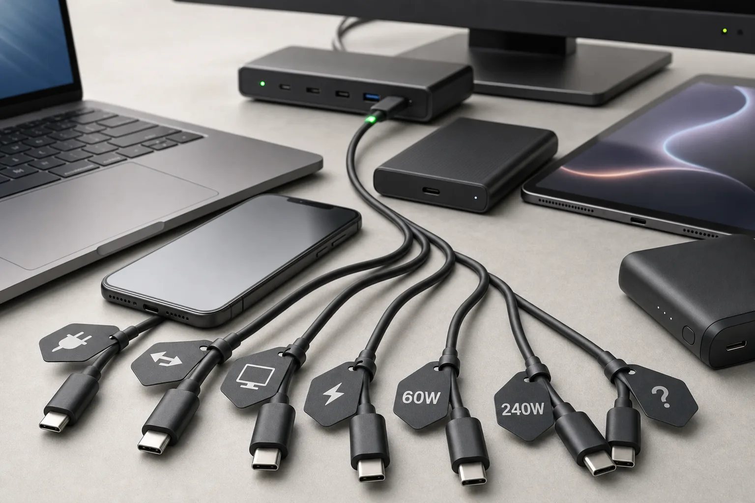 Several identical-looking USB-C cables connected to a laptop, phone, tablet, dock and power bank, with tags for power, data, display, 60W and 240W