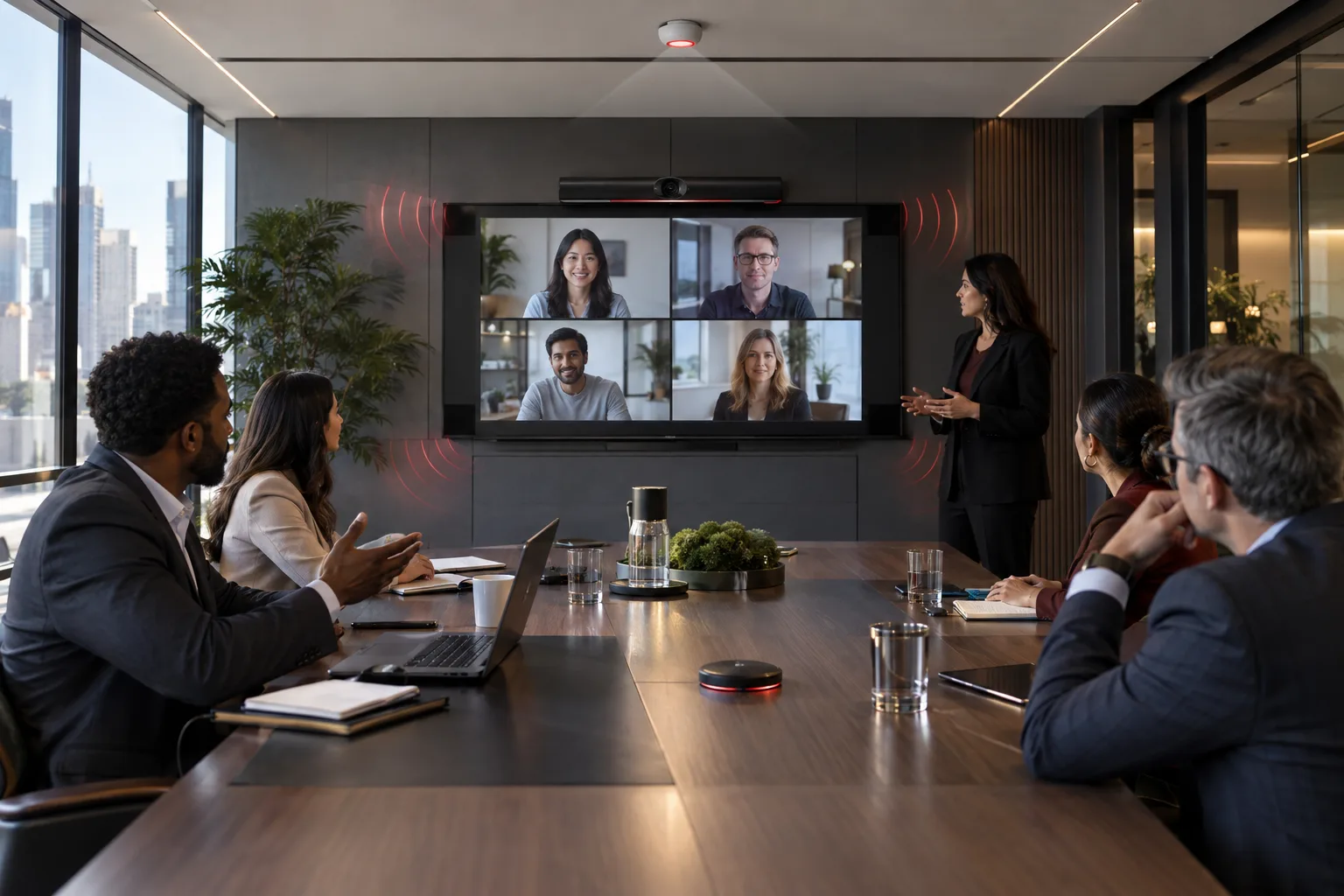 Salle de réunion d’entreprise moderne avec écran de collaboration intégré, barre de visioconférence et capteurs intelligents discrets