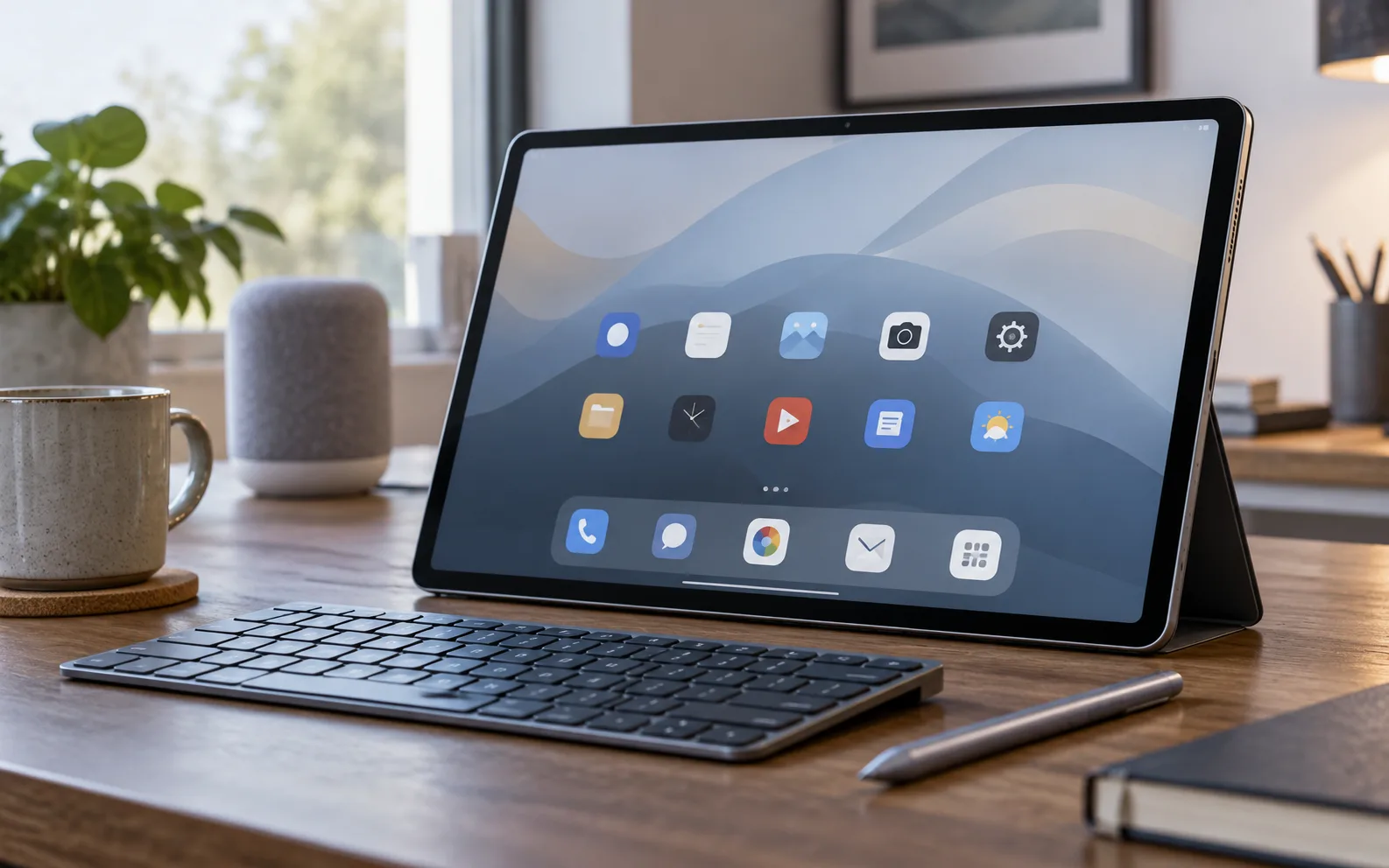 Una tableta Android premium con teclado y lápiz sobre un escritorio, que ilustra las decisiones al comprar una Alexa Tablet.