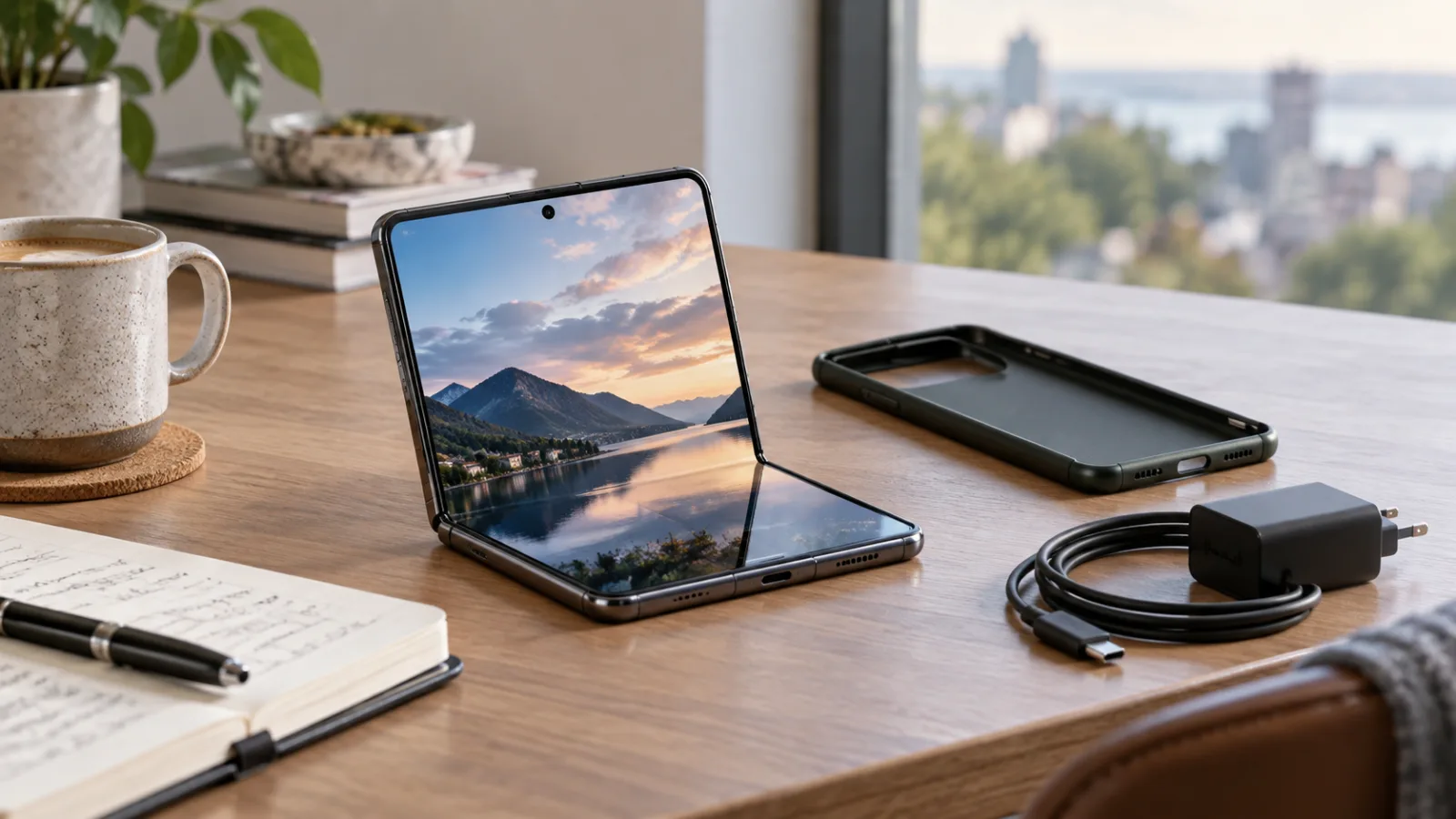 A generic foldable smartphone opened on a desk beside a protective case, charger, notebook, and coffee, illustrating the practical ownership considerations of a premium foldable phone.