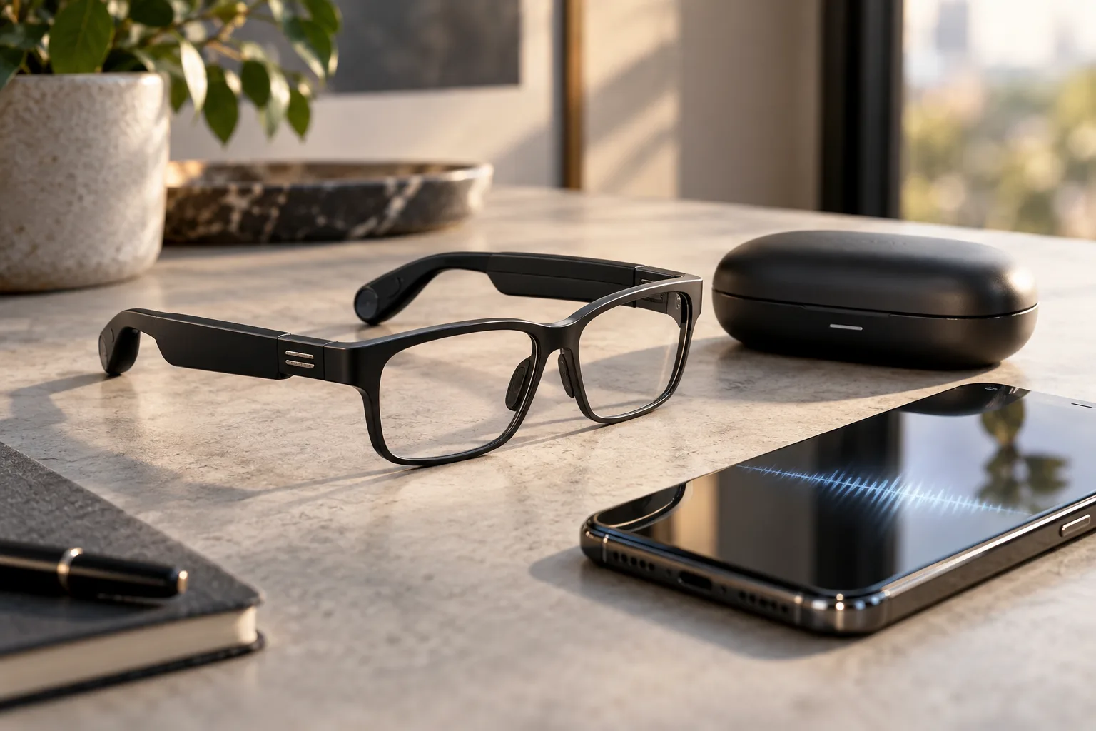 Black camera-free open-ear smart glasses beside a smartphone and charging case on a desk