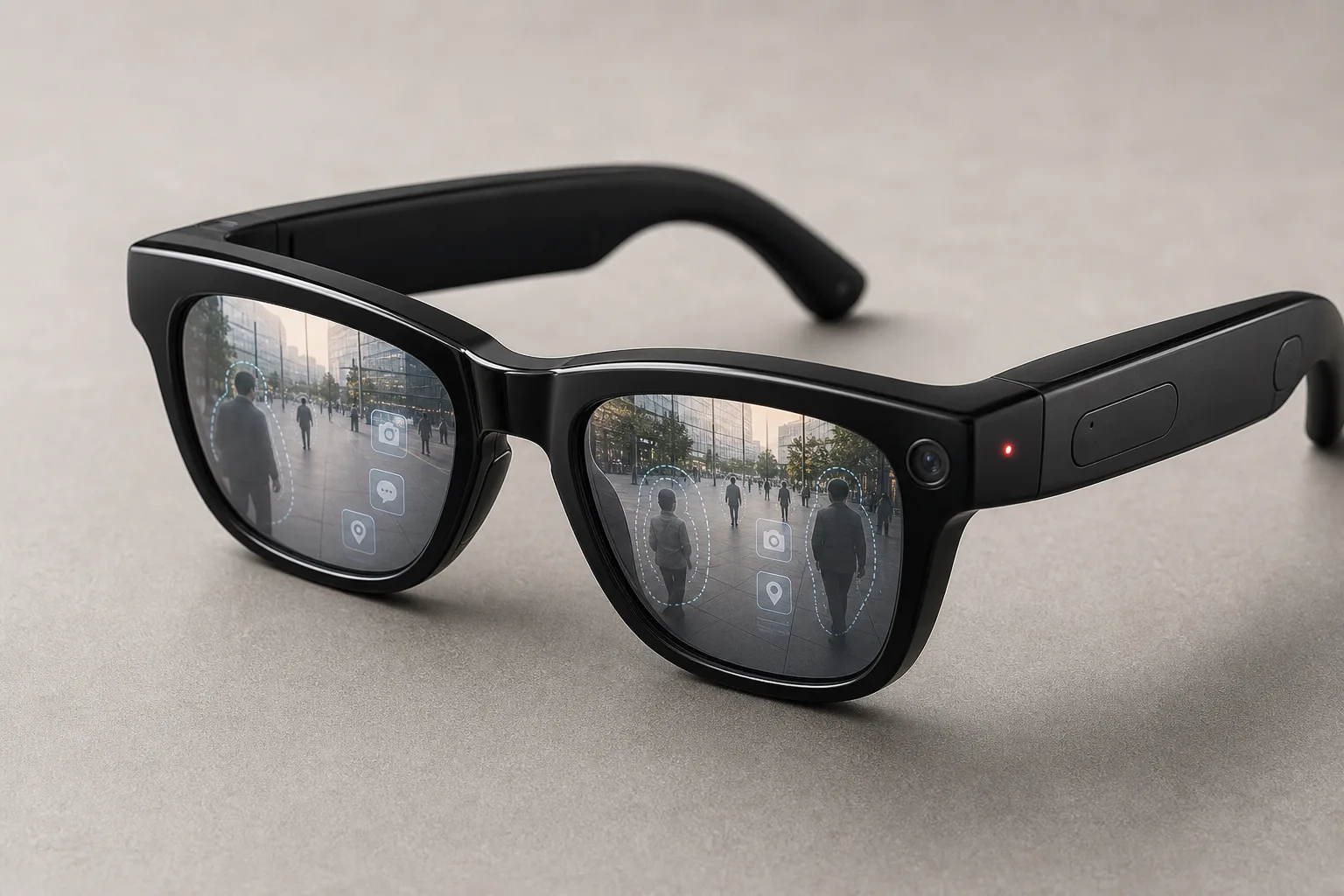 Stylish AI smart glasses with a visible camera lens and recording LED, shown as a consumer gadget with privacy boundaries