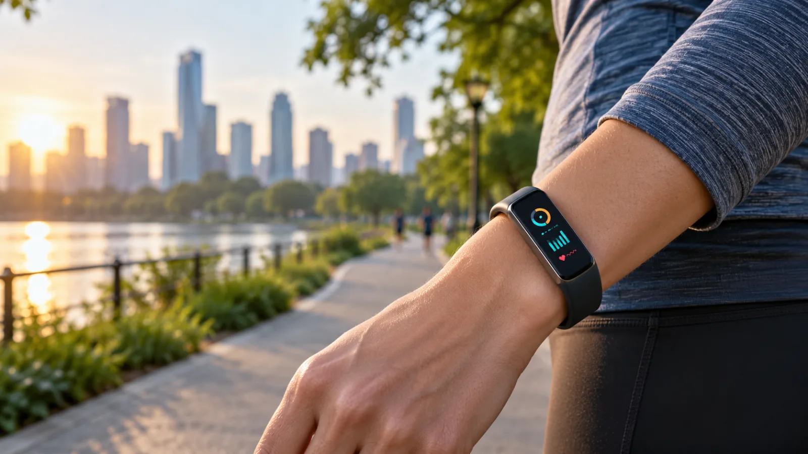 Fitness-Tracker mit Display am Handgelenk eines Läufers in einem Stadtpark