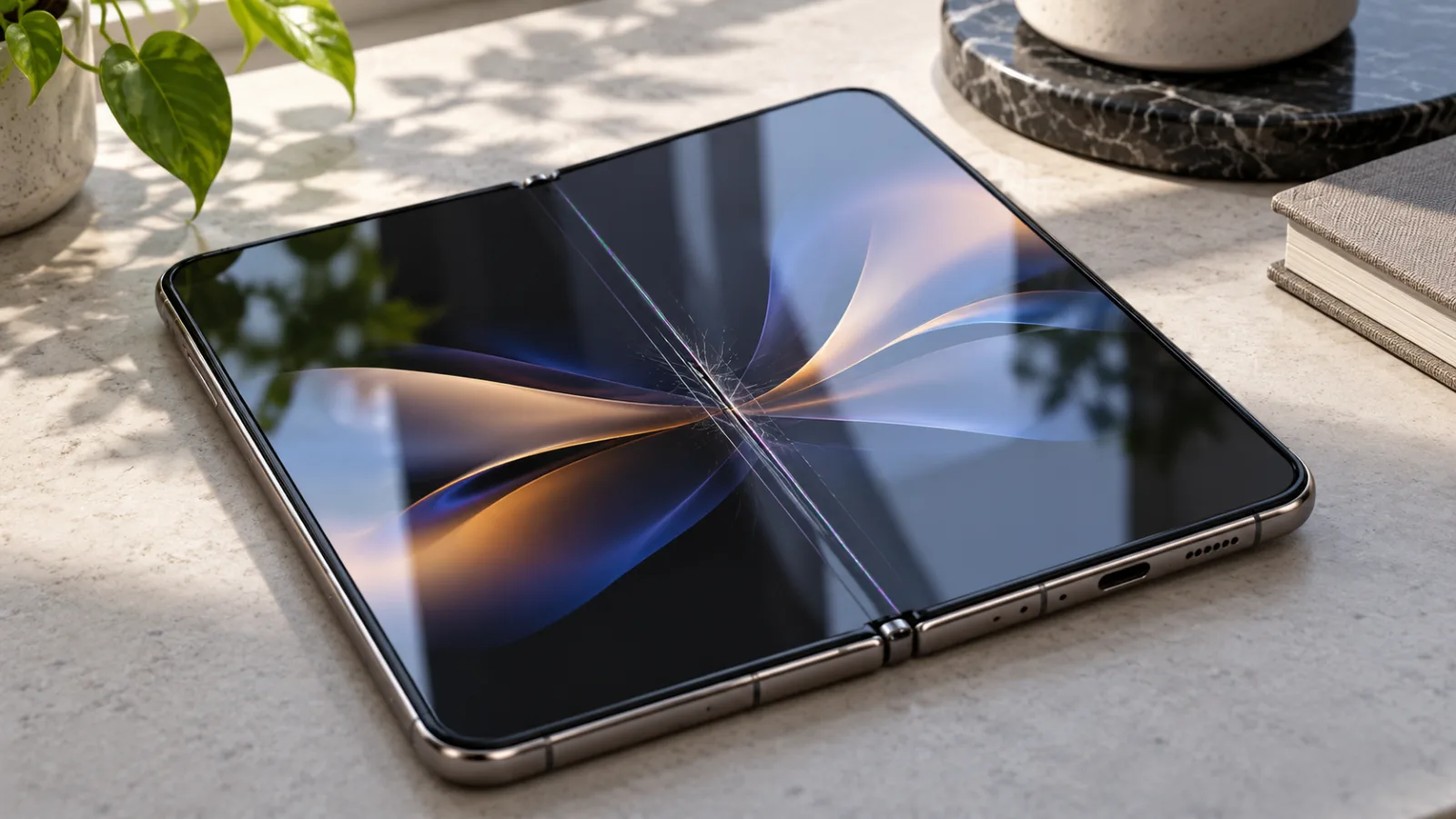 Aufgeklapptes faltbares Smartphone mit einem feinen Riss im inneren Display entlang des Scharniers