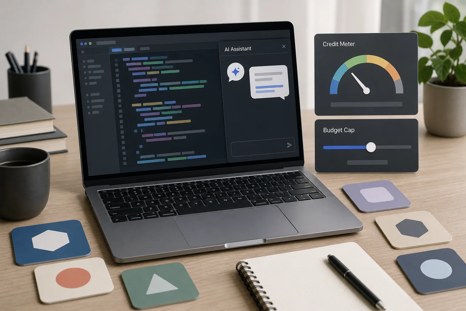 Developer desk with an AI coding assistant credit meter and budget cap