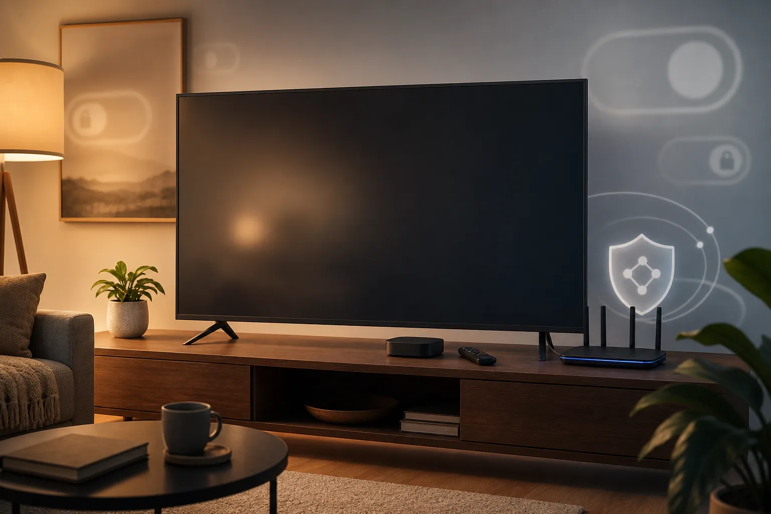 Unbranded smart TV, external streaming box and router in a living-room privacy buying guide