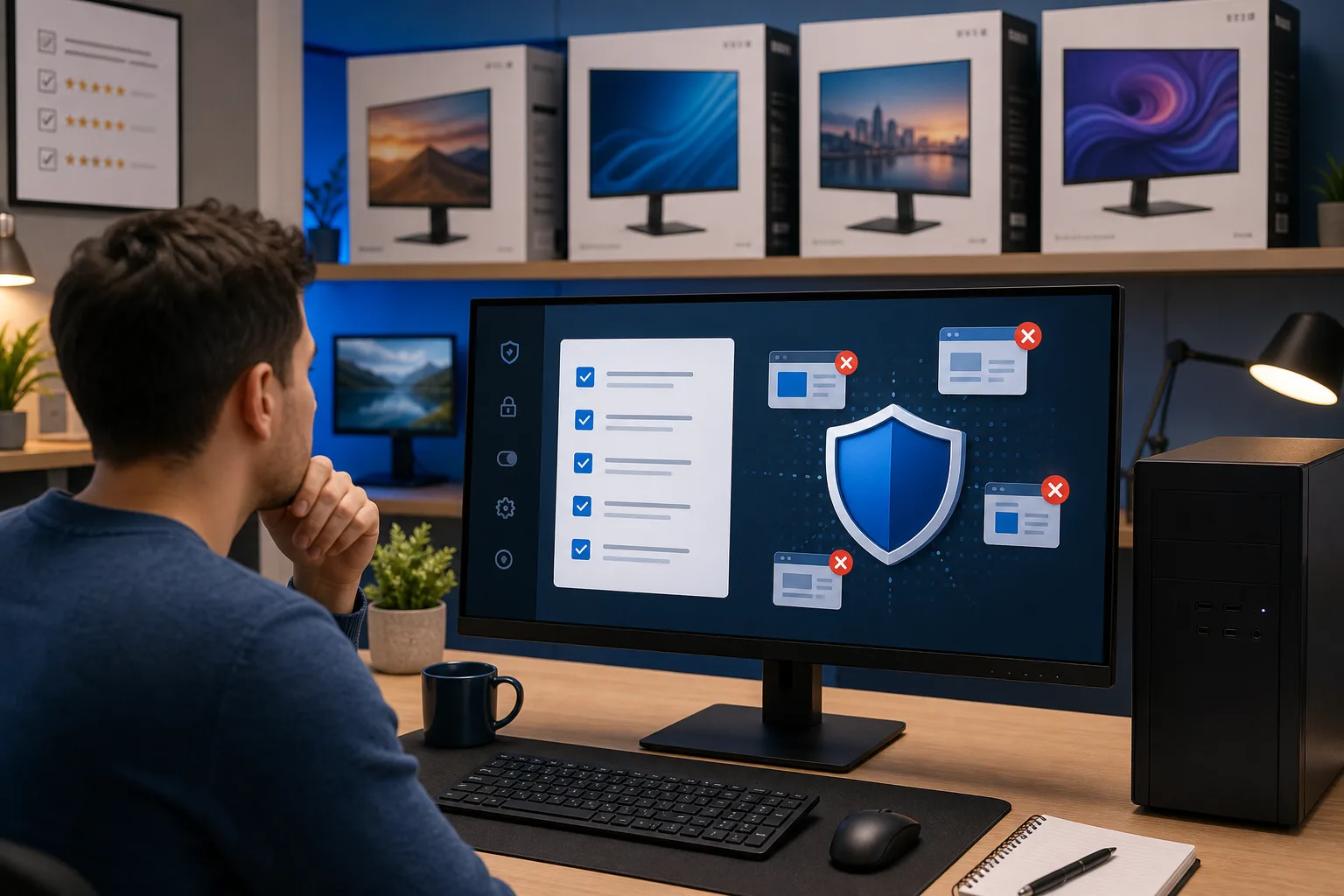 Käufer prüft Datenschutz- und Softwareverhalten vor dem Monitorkauf