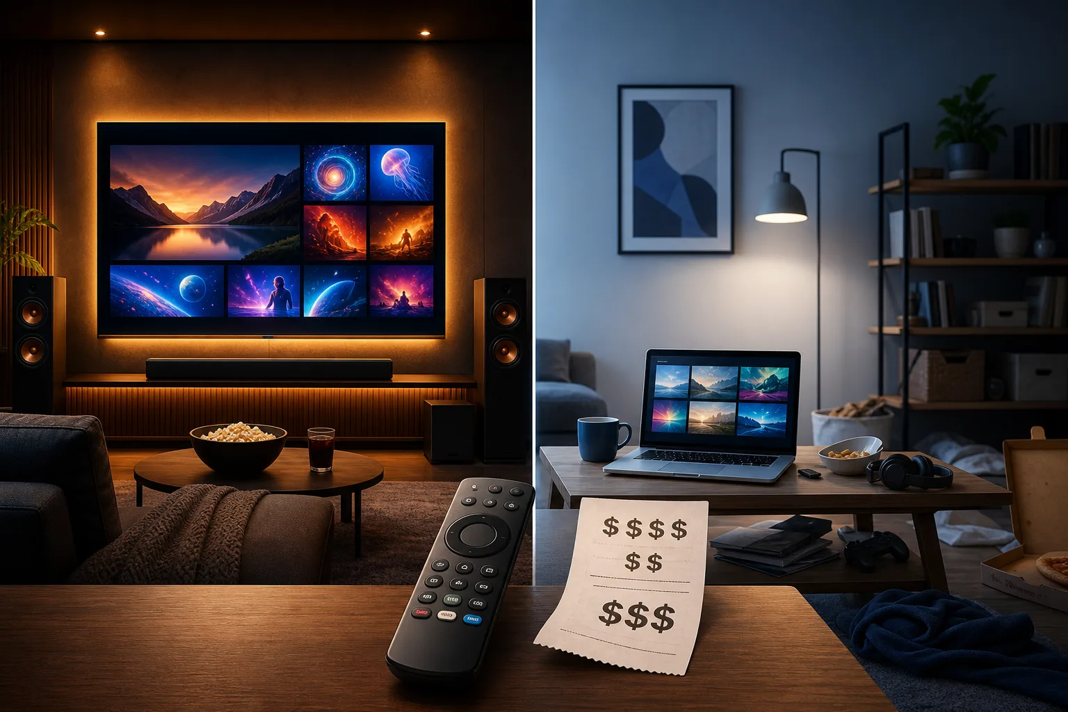 قرار اشتراك في غرفة معيشة مع تلفاز 4K ومكبر صوت