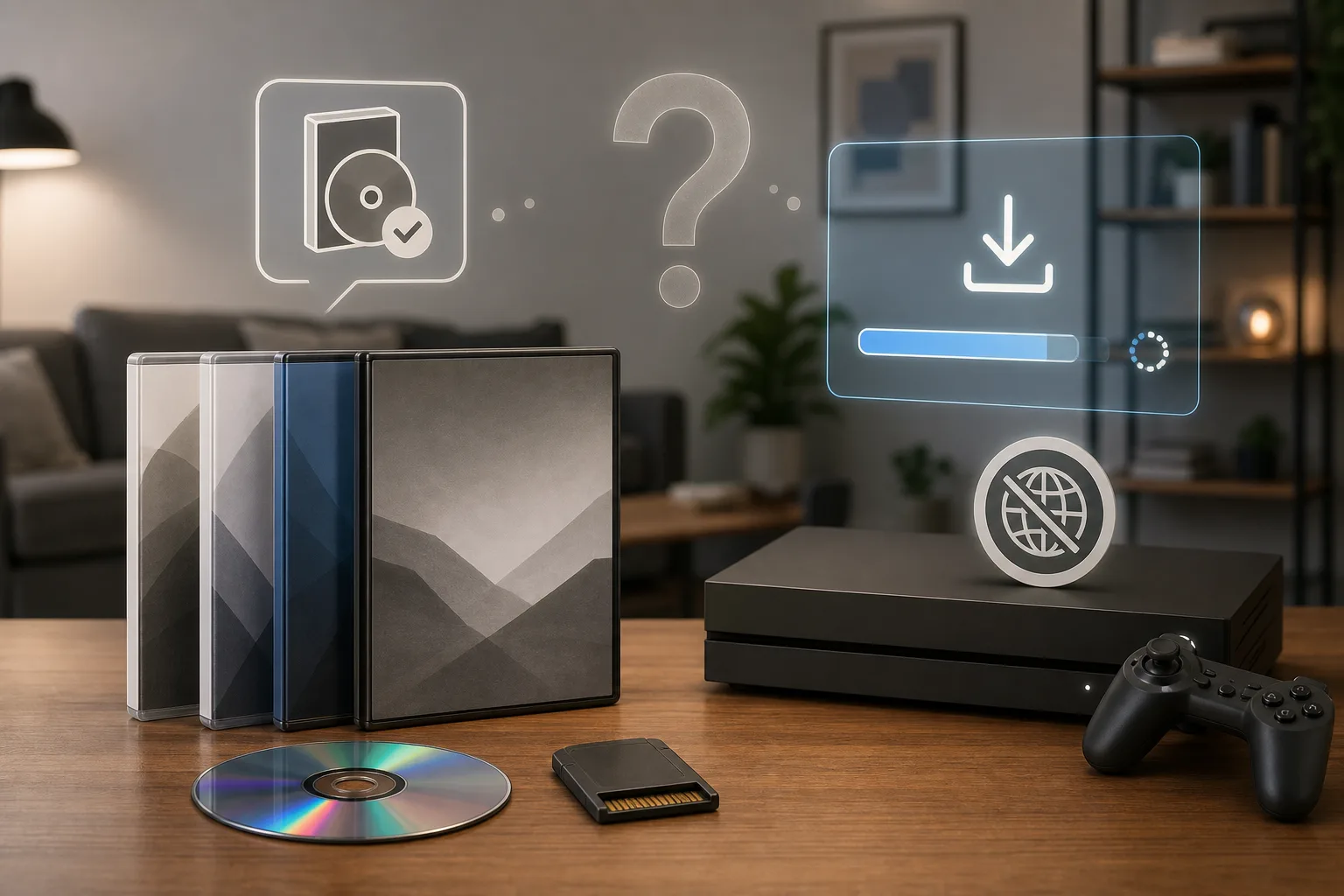 实体游戏盒、disc、cartridge 和 download prompt 放在一起