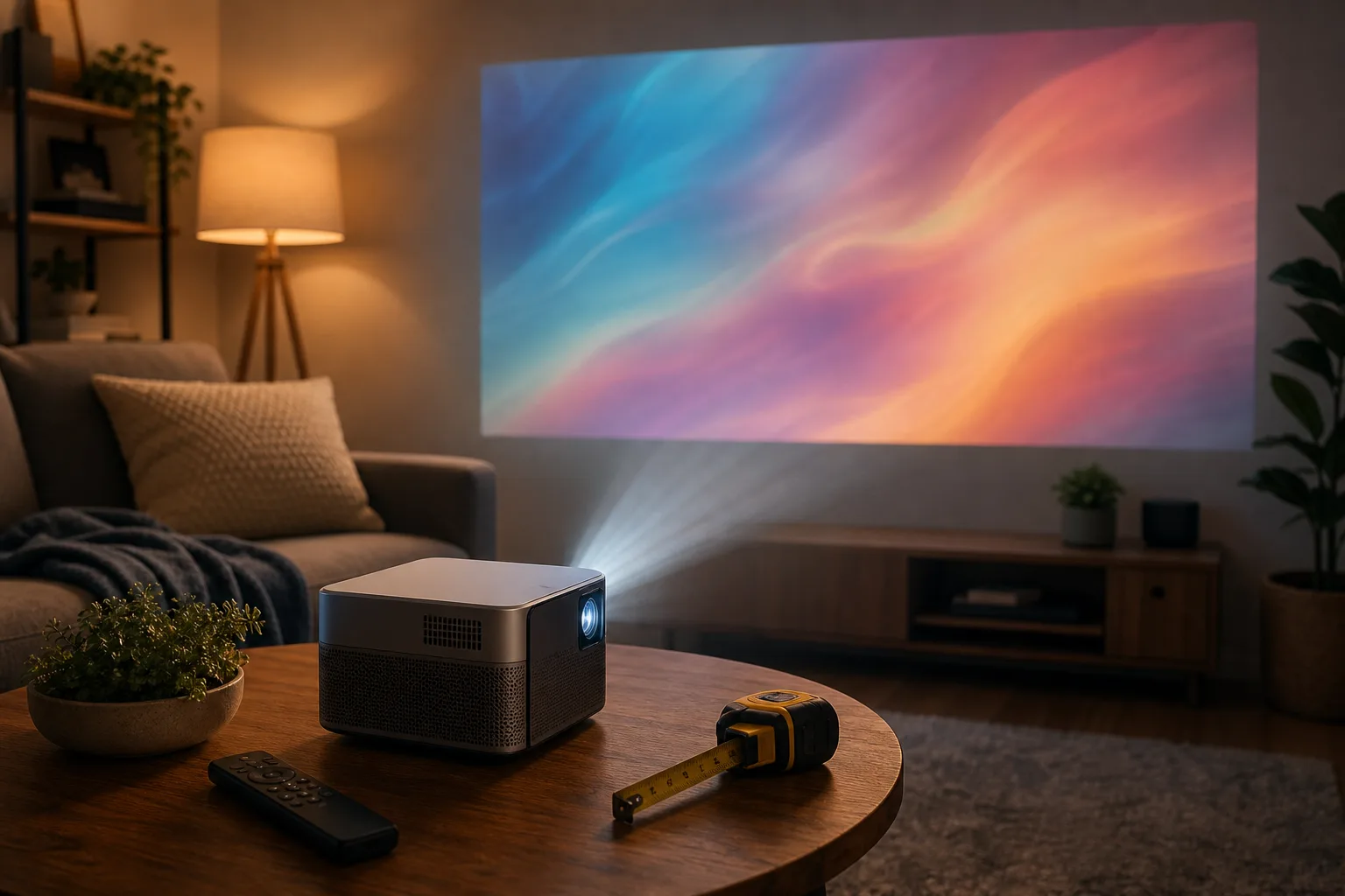 Compact portable projector casting light in a living room