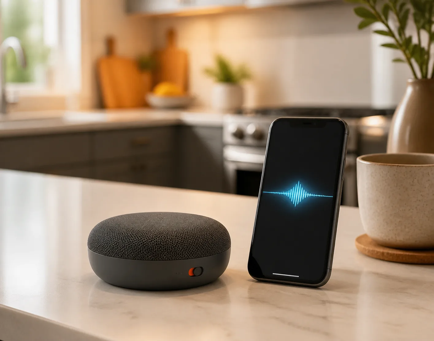 Neutral generic screenless AI speaker and phone on a kitchen counter