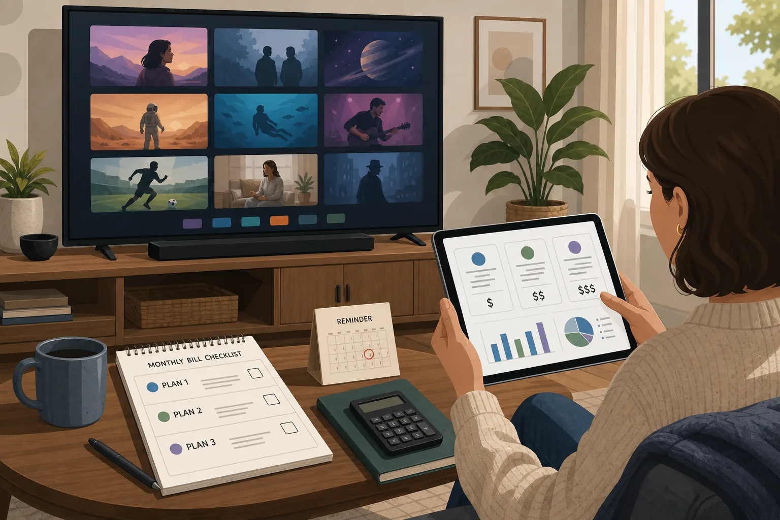 Person vergleicht Streaming-Rechnung, Tarifliste und Kündigungserinnerung auf Fernseher und Tablet