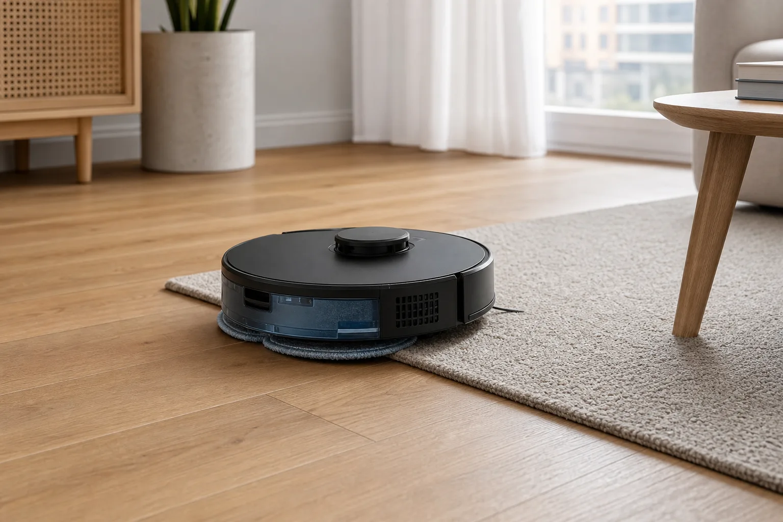 Robot vacuum and mop combo crossing from hard floor to rug