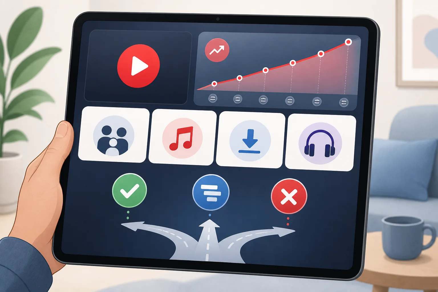 Subscription decision dashboard with rising bill, family, music and offline icons