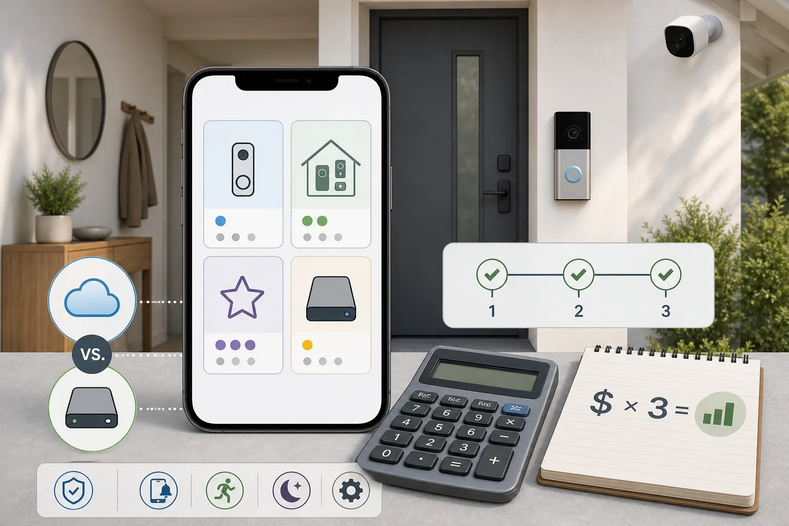 Smart video doorbell, camera, subscription plan icons and three-year cost calculator