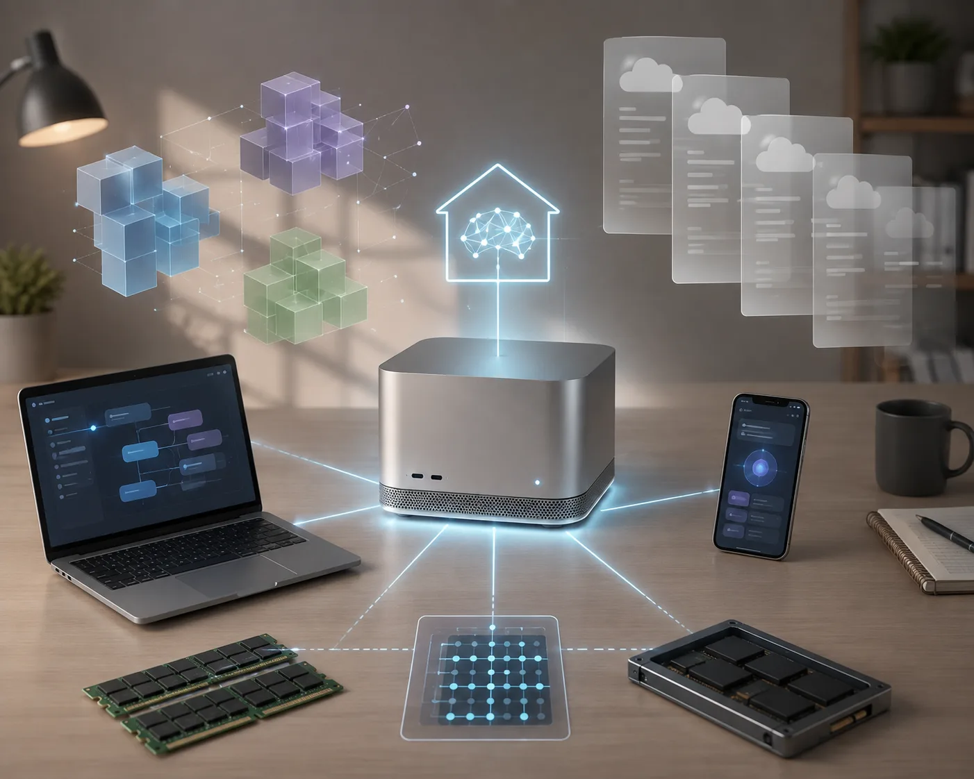 Small unbranded desktop computer serving as a private local AI hub for laptop and phone
