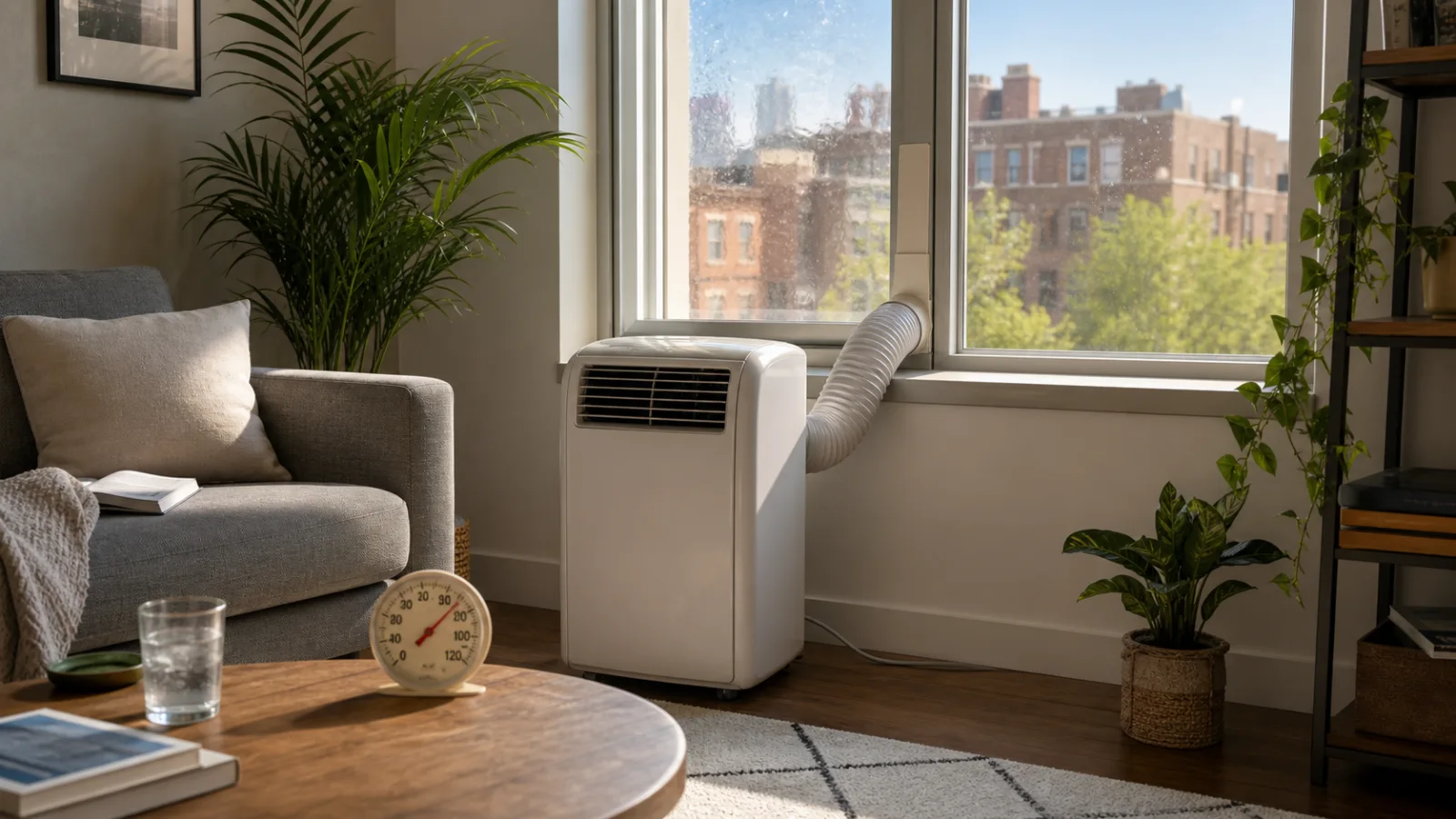 Portable air conditioner vented through a sunny apartment window
