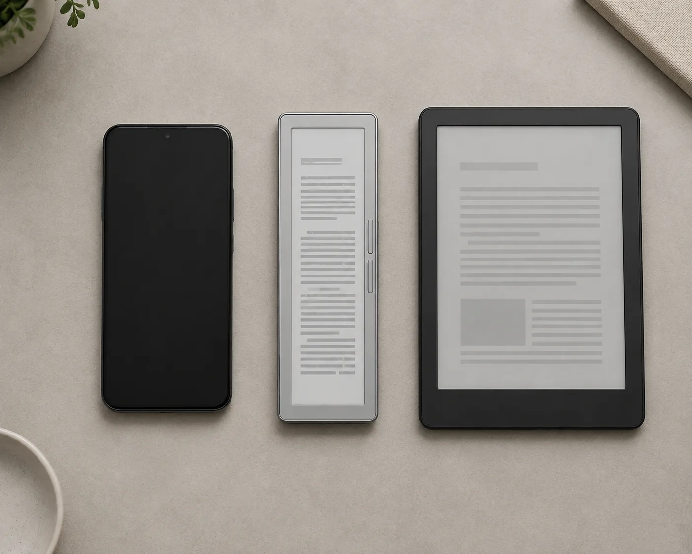 Silberner PocketBook Q neben einem Smartphone und einem größeren E-Reader zum Größenvergleich