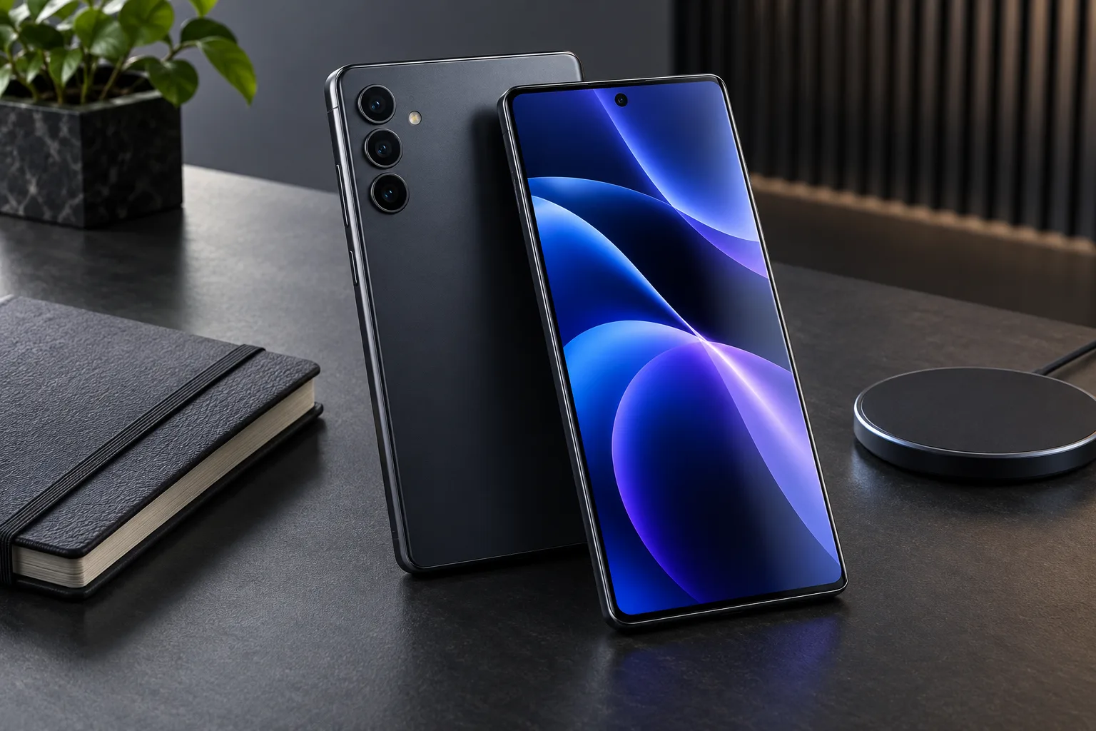 A large-screen Android smartphone with a triple-camera module on a graphite desk beside a charging pad.