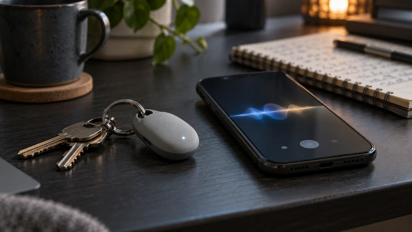 Ein generisches sprachgesteuertes Gerät in Schlüsselanhängergröße neben einem Smartphone auf einem dunklen Schreibtisch – als Hinweis, vor dem Kauf eines weiteren KI-Gadgets abzuwarten.