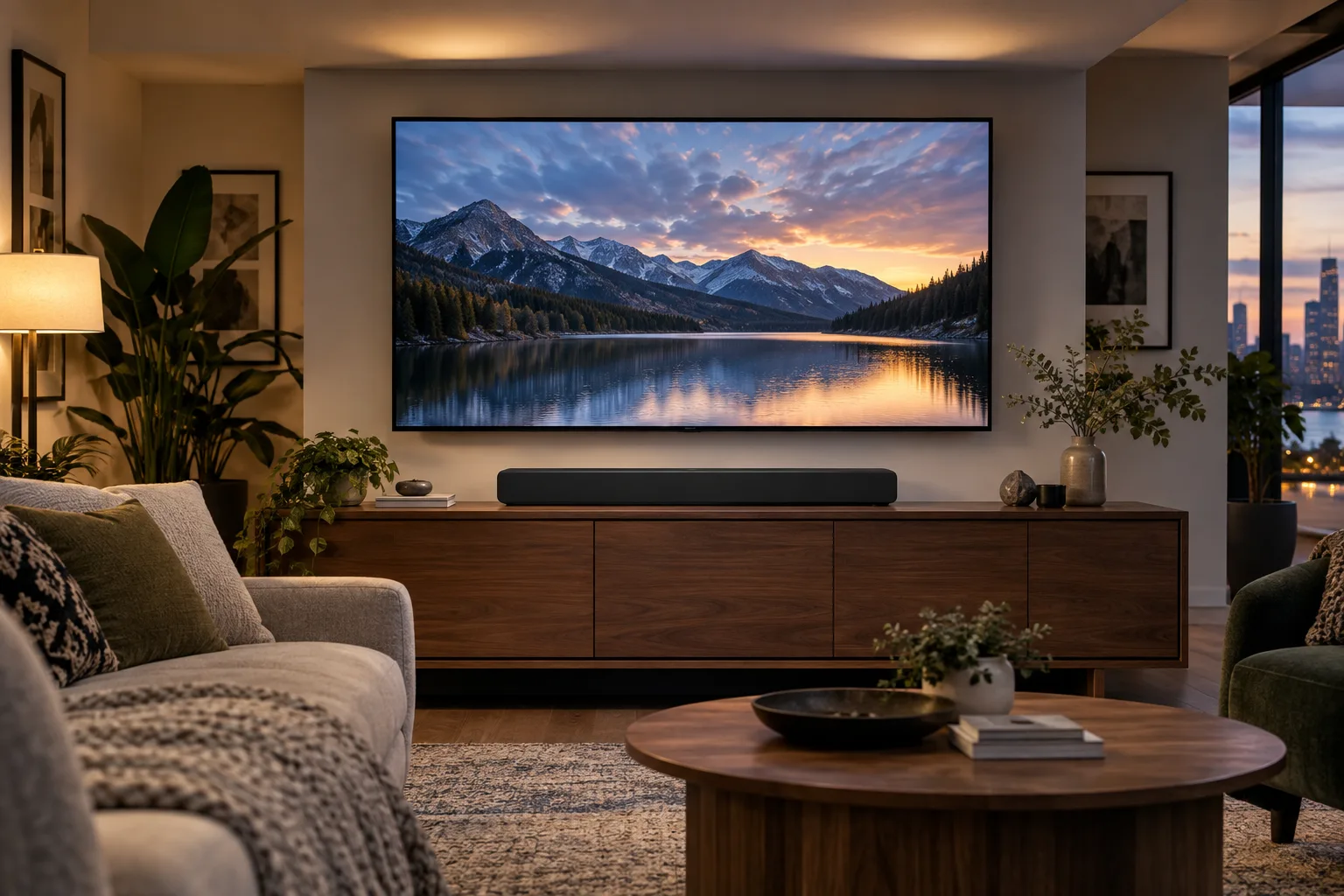 مكبر صوت شريطي مدمج بأسلوب Sonos Beam Ultra أسفل تلفاز في غرفة معيشة عصرية، مع ضوء منعكس ناعم على السقف يوحي بتأثيرات الارتفاع في Dolby Atmos.