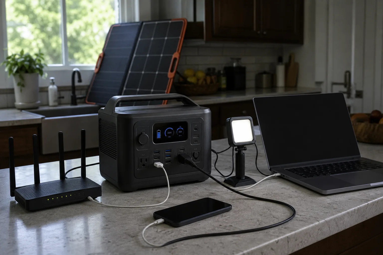 Station d’énergie portable alimentant un routeur, un ordinateur portable et une lampe à la maison, avec un panneau solaire à proximité