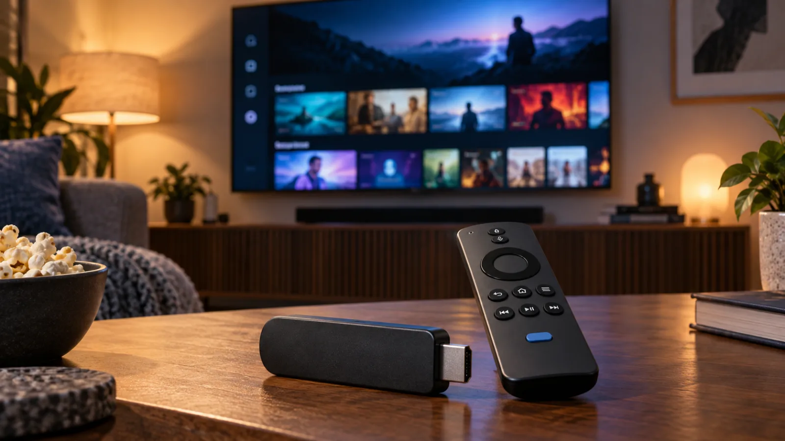 Ein Streaming-Stick und eine neu gestaltete Fernbedienung auf einem Wohnzimmertisch vor einem Fernseher.