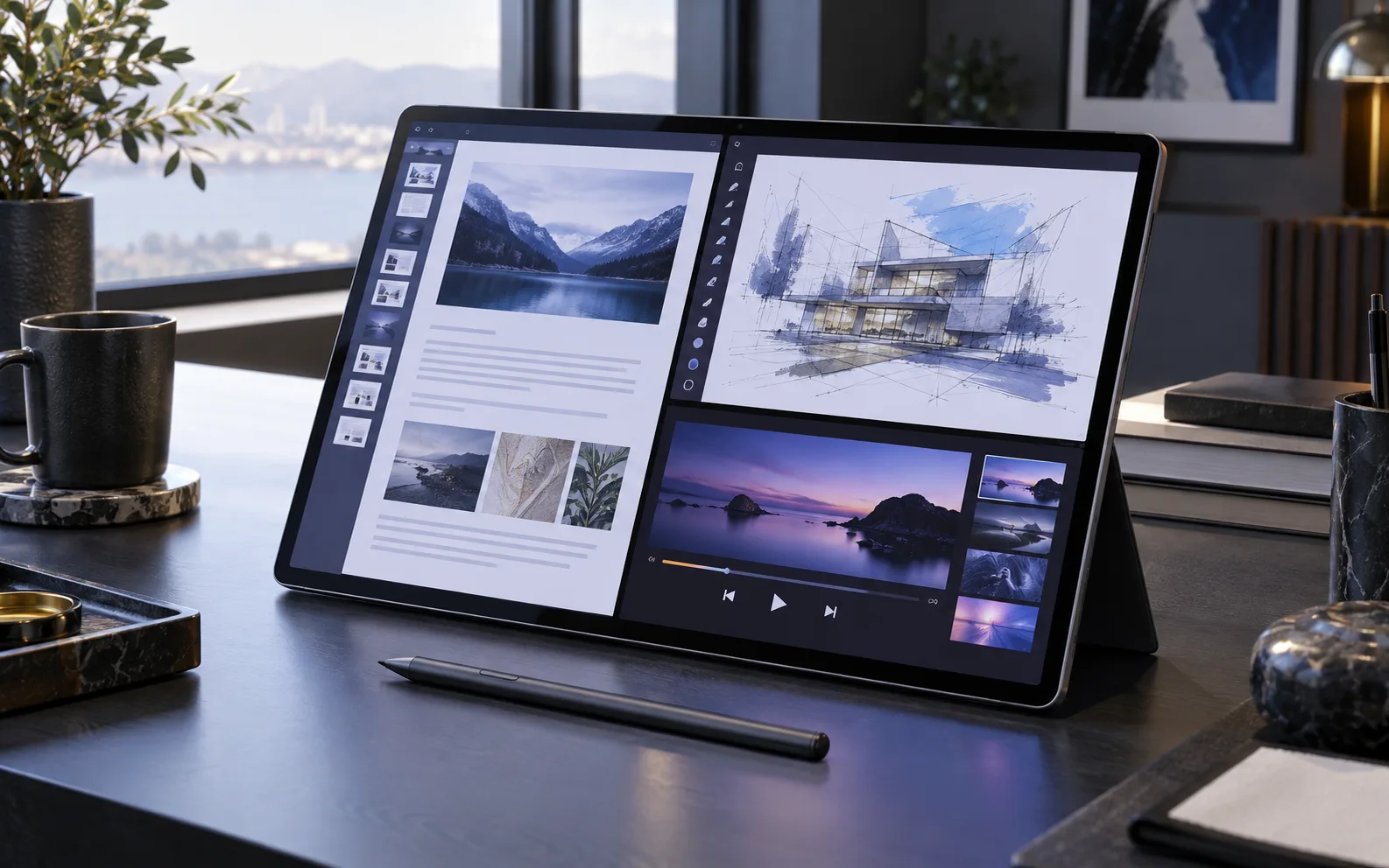 Samsung Galaxy Tab S12 Ultra auf einem modernen Schreibtisch mit dem S Pen daneben und einem hellen geteilten Arbeitsbildschirm