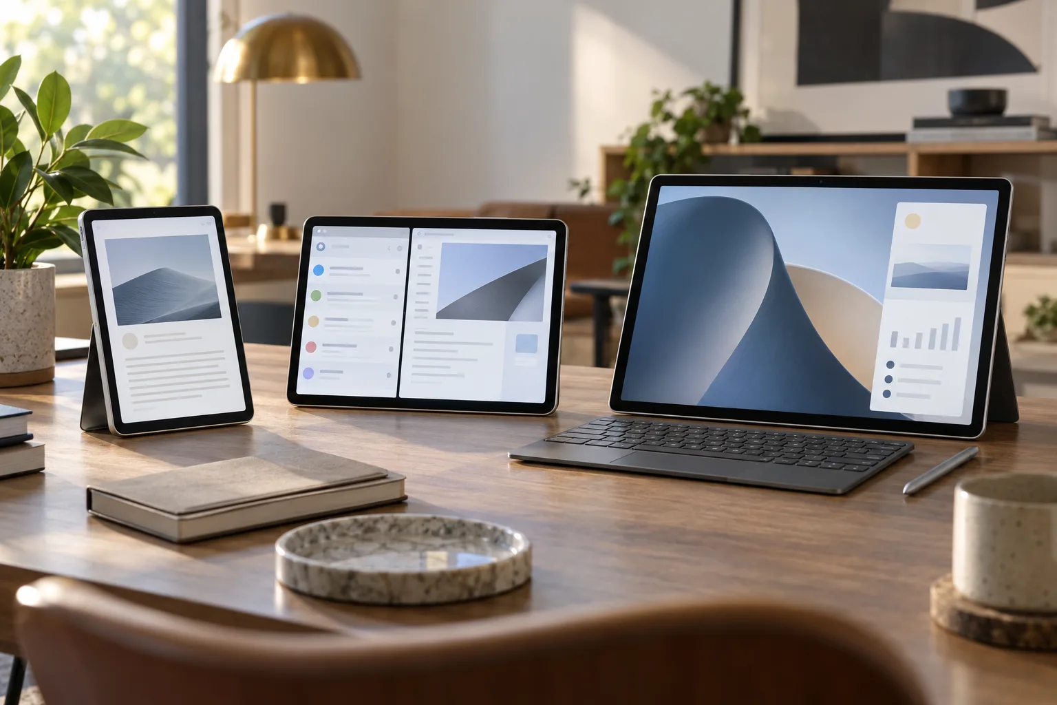 Drei Aluminium-Tablets in verschiedenen Größen auf einem Schreibtisch als Symbol für Amazons neue Alexa-Tablet-Reihe.