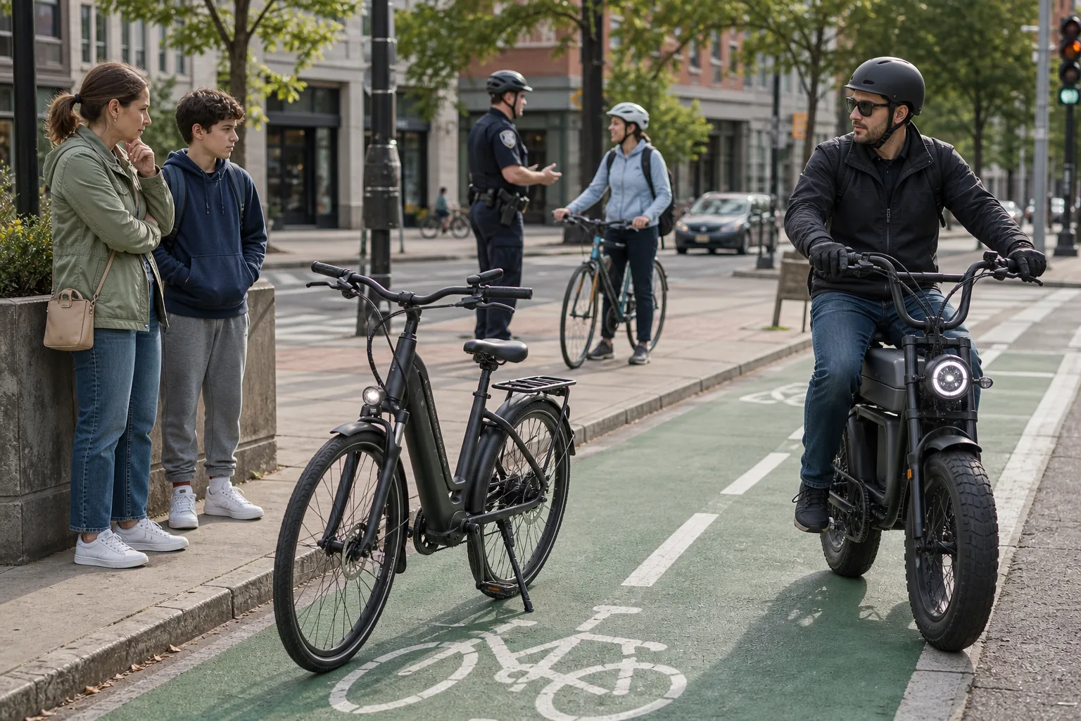 Fast electric bicycles parked near an urban bike lane