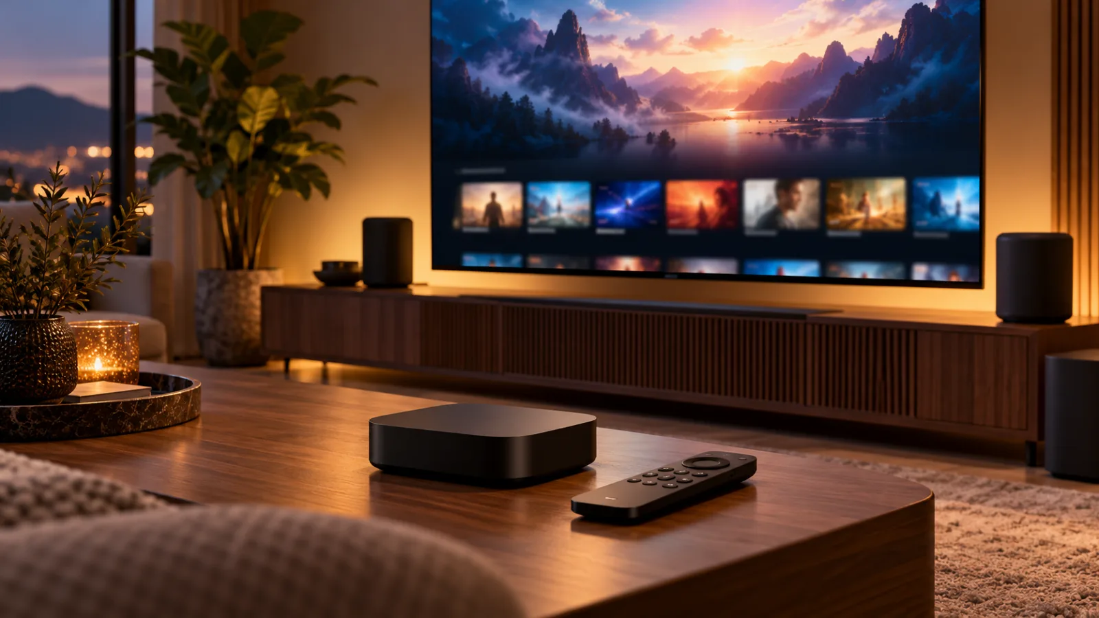 Eleganckie urządzenie do streamingu i pilot na szafce w salonie, z podświetlonym telewizorem i subtelnie zaznaczonym zestawem głośników przestrzennych.