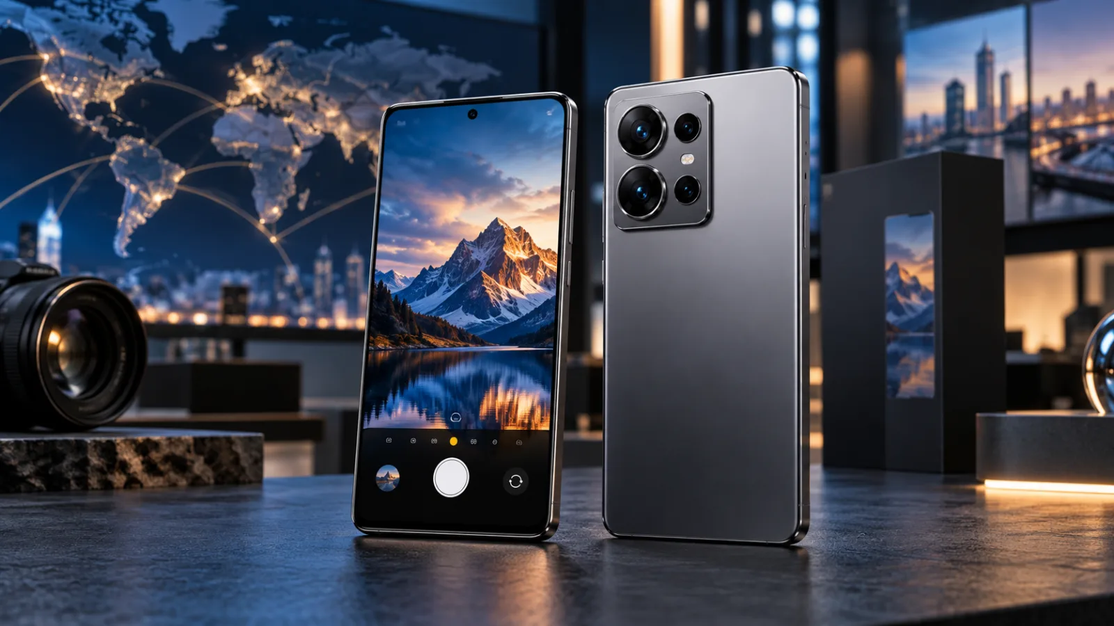 Dos smartphones premium sobre una mesa de estudio durante un lanzamiento tecnológico global