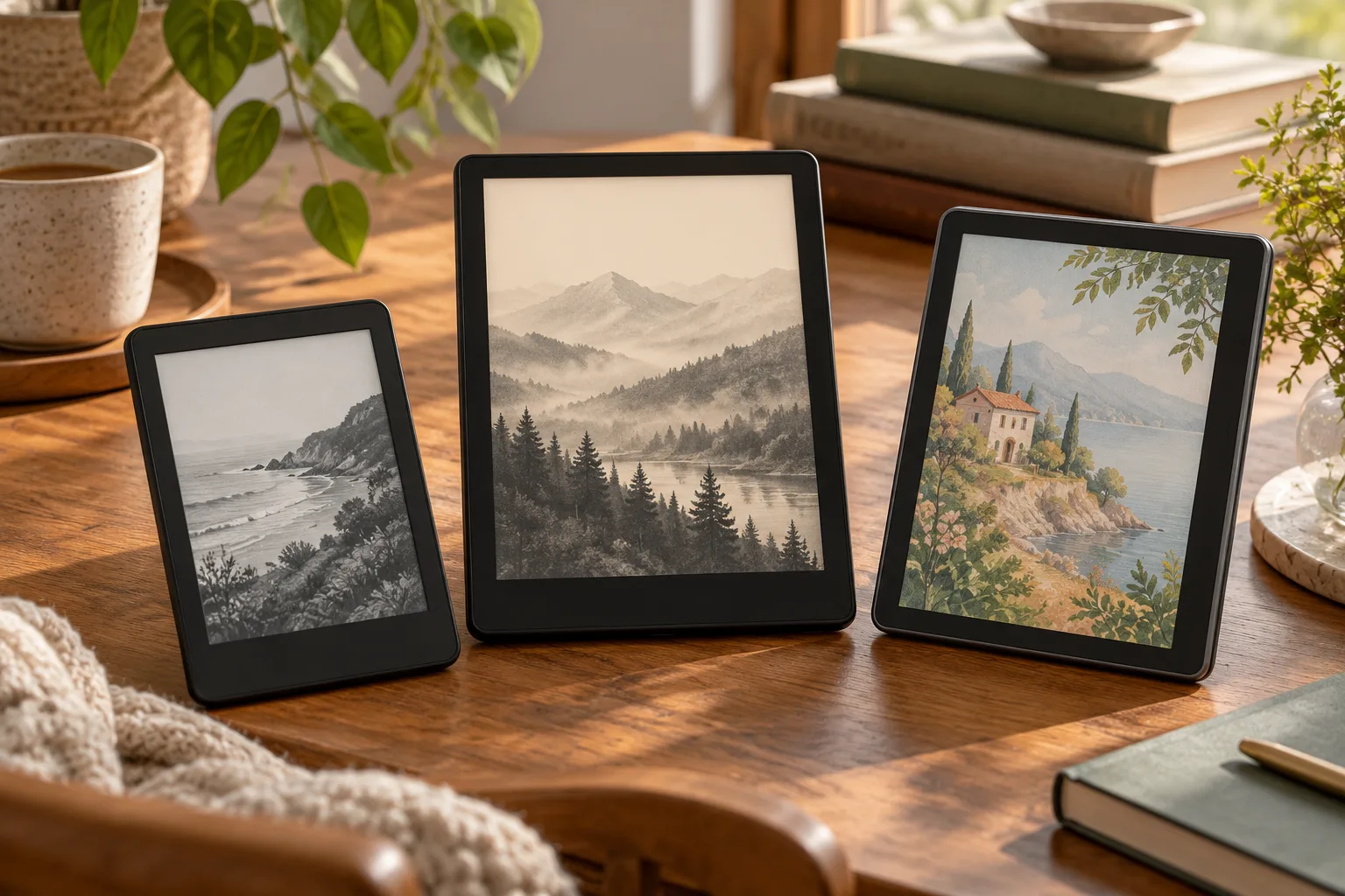 Three modern e-readers arranged on a wooden reading desk, including a small monochrome model, a larger monochrome model, and a color model.