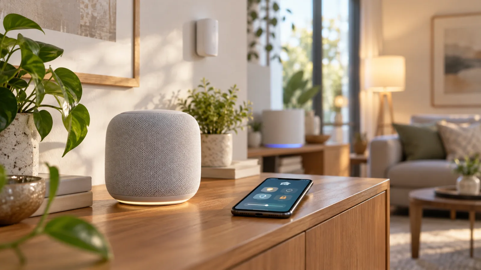 A compact smart speaker on a living-room shelf beside a smartphone, with a Wi-Fi mesh device in the background.