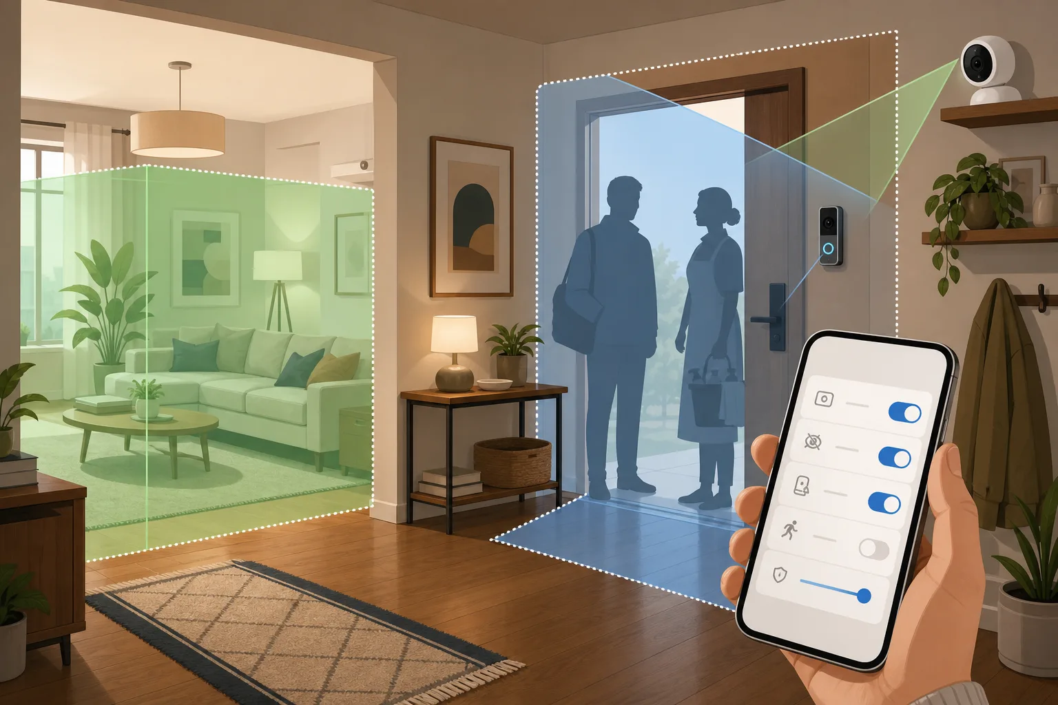 Smart home camera with privacy zones for guests and workers