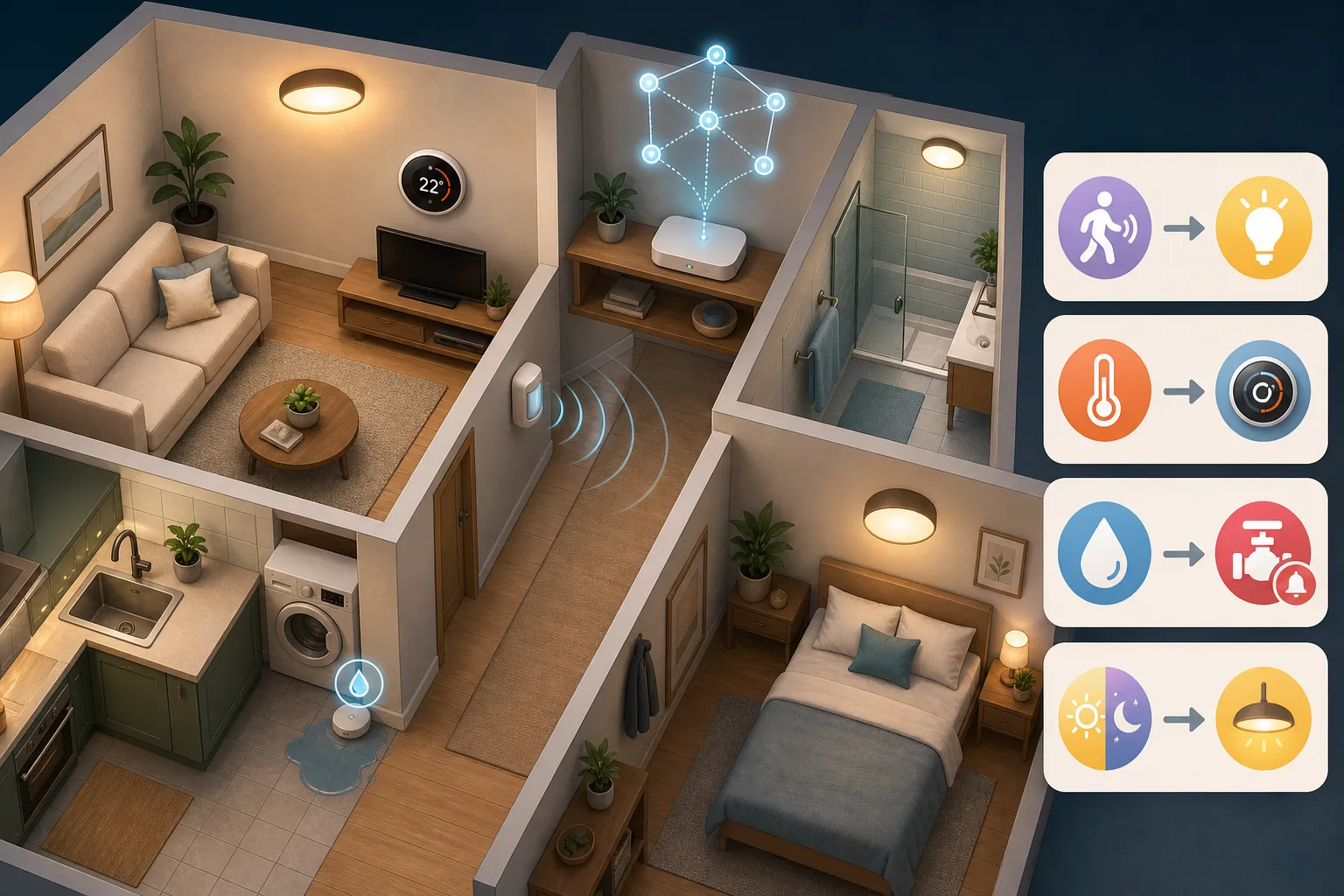 Smart home floor plan with human-friendly automations, local hub, sensors and Matter/Thread mesh