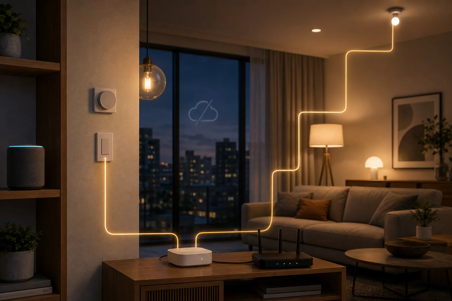 Wohnung mit Smart Speaker, lokalem Hub, Router, Licht und physischem Ausfallschalter