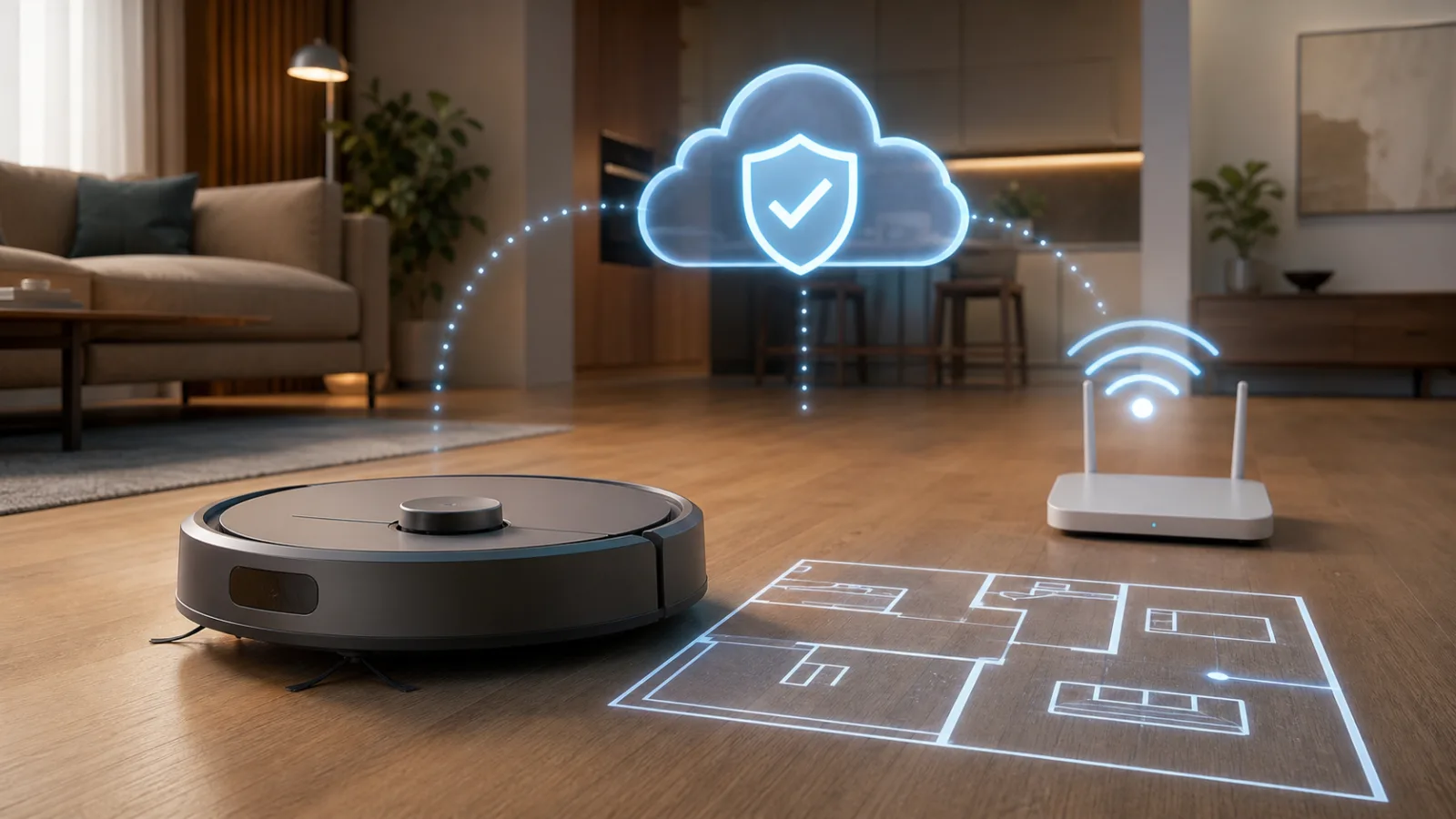 Markenloser Saugroboter mit Wohnungsplan, Router und Cloud-Sicherheits-Schild