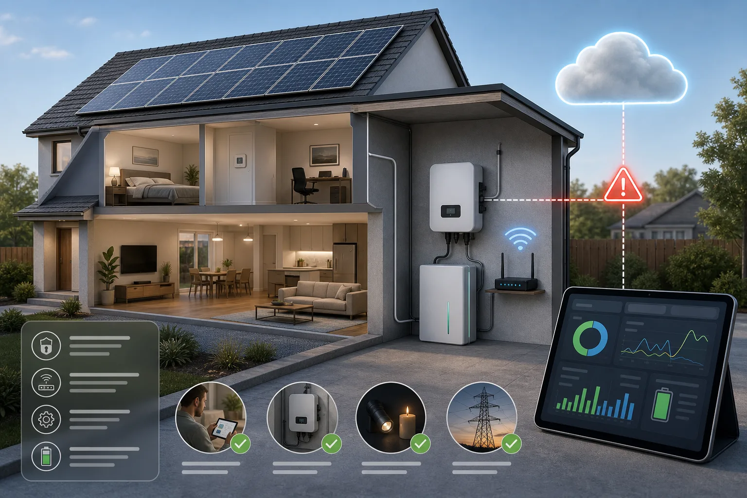 Panele solarne, bateria i falownik połączone z lokalnym panelem smart home