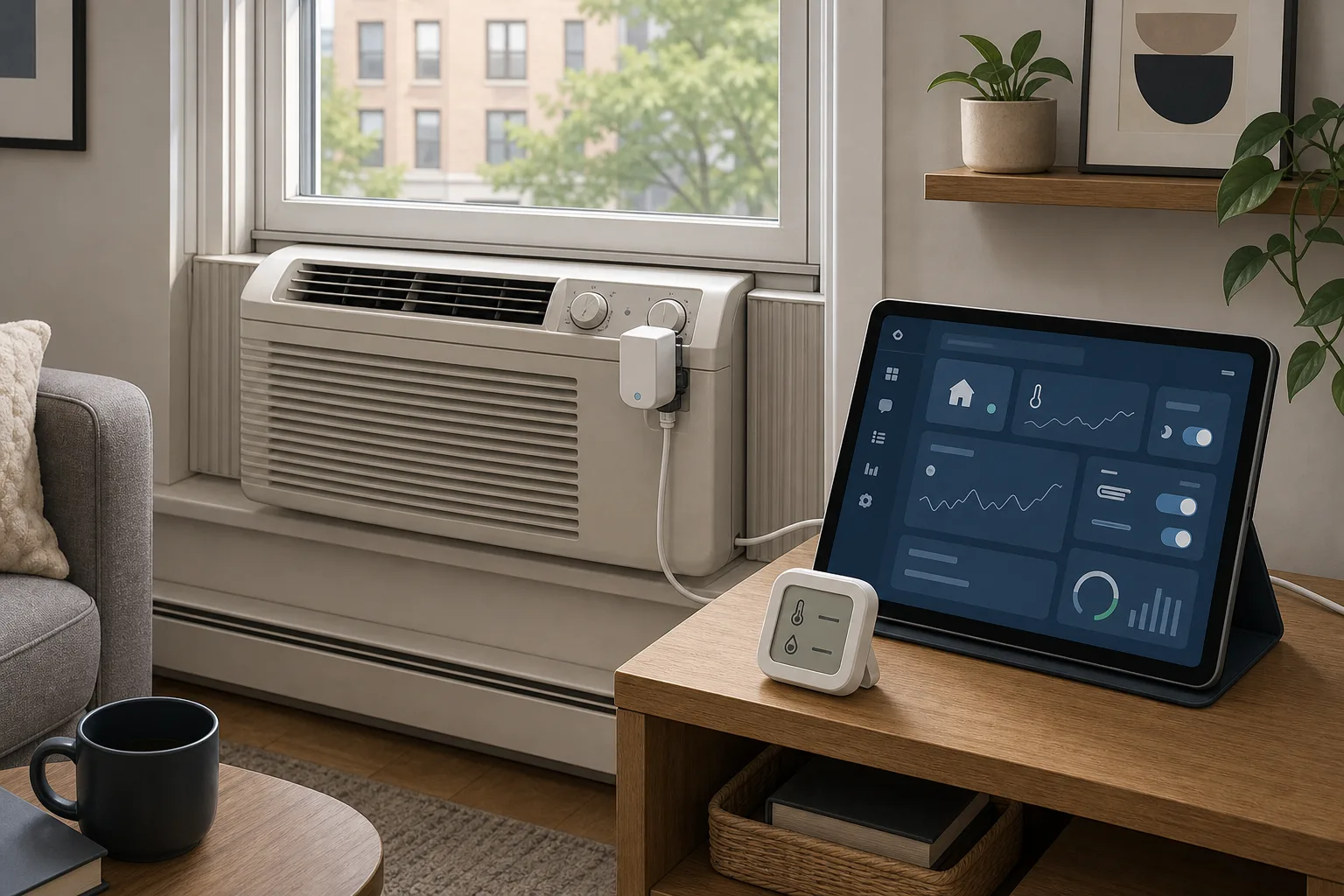 Stary klimatyzator z lokalnym kontrolerem smart home i czujnikiem temperatury