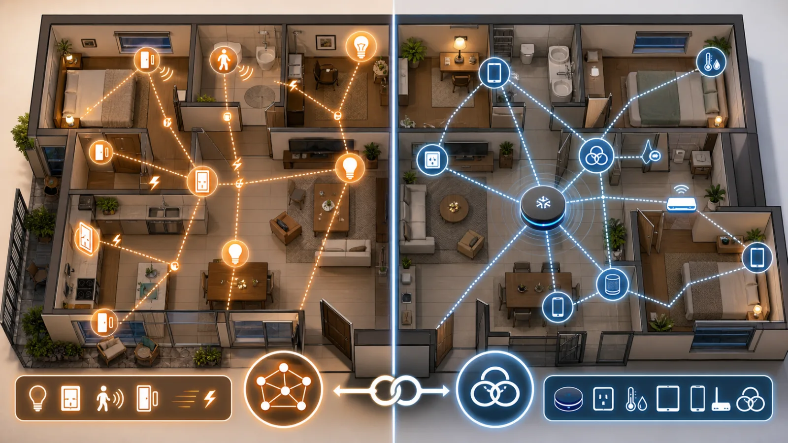 对比 Zigbee 与 Matter over Thread 智能家居网状网络的公寓示意图