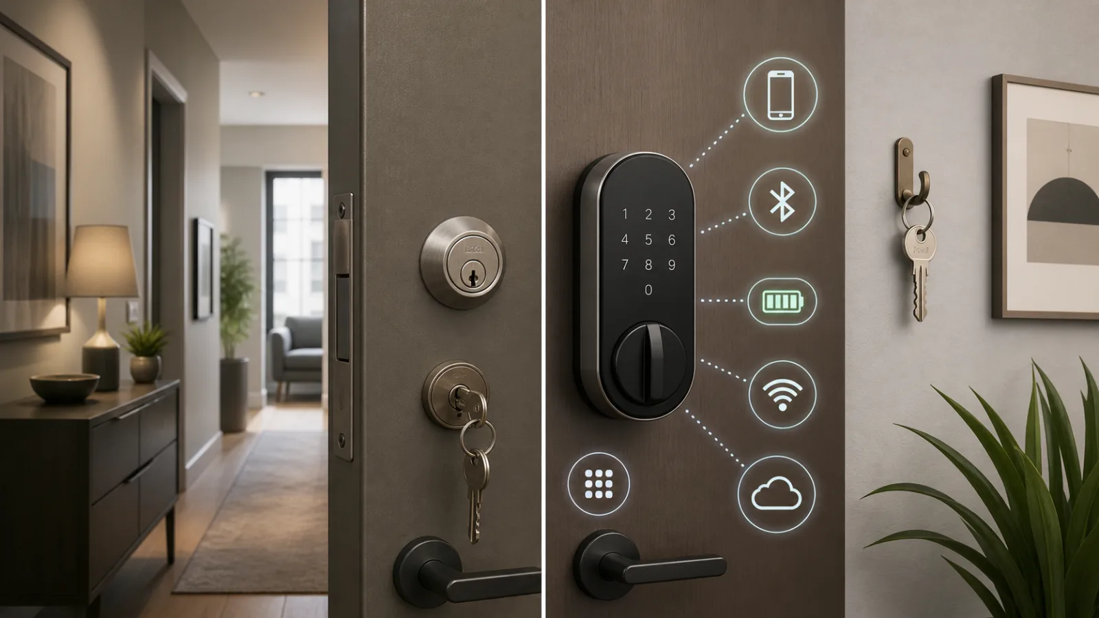 Puerta de apartamento con una llave física junto a una cerradura inteligente, un teléfono e iconos de Bluetooth, batería, Wi-Fi y nube