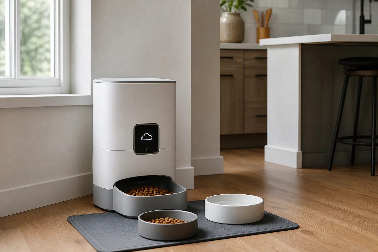 Generic smart pet feeder showing an offline cloud icon beside a simple backup bowl