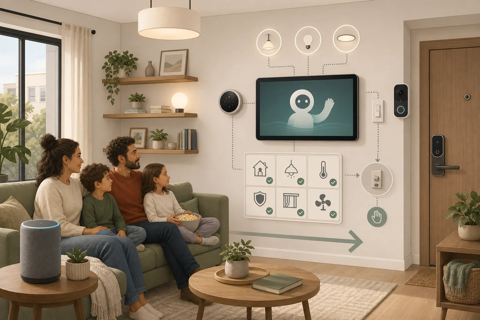Smart home z głośnikiem AI, światłem, zamkiem, kamerą i checklistą